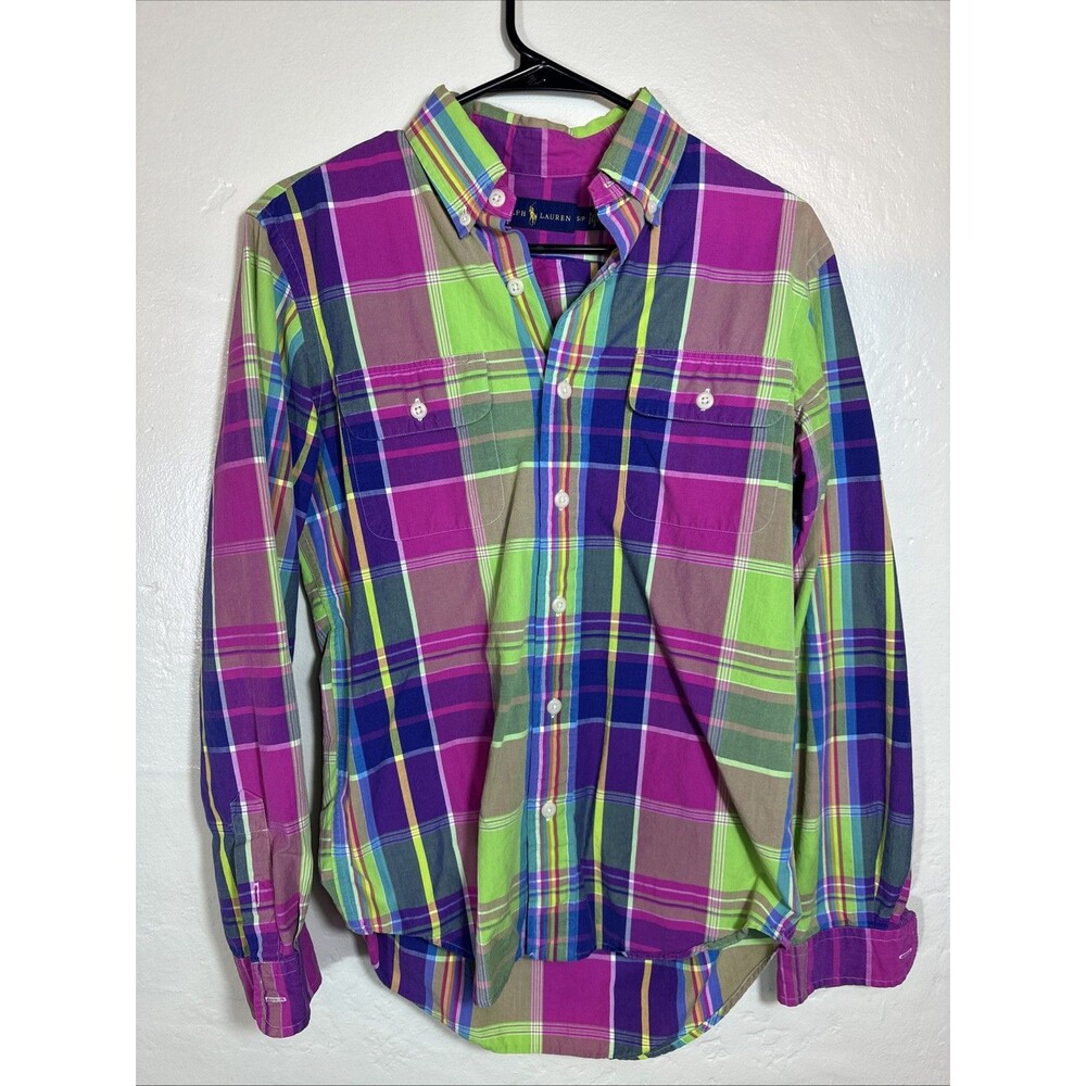 Ralph Lauren Madras Plaid Long Sleeve Button Up Men’s Shirt Green Blue Fuschia S